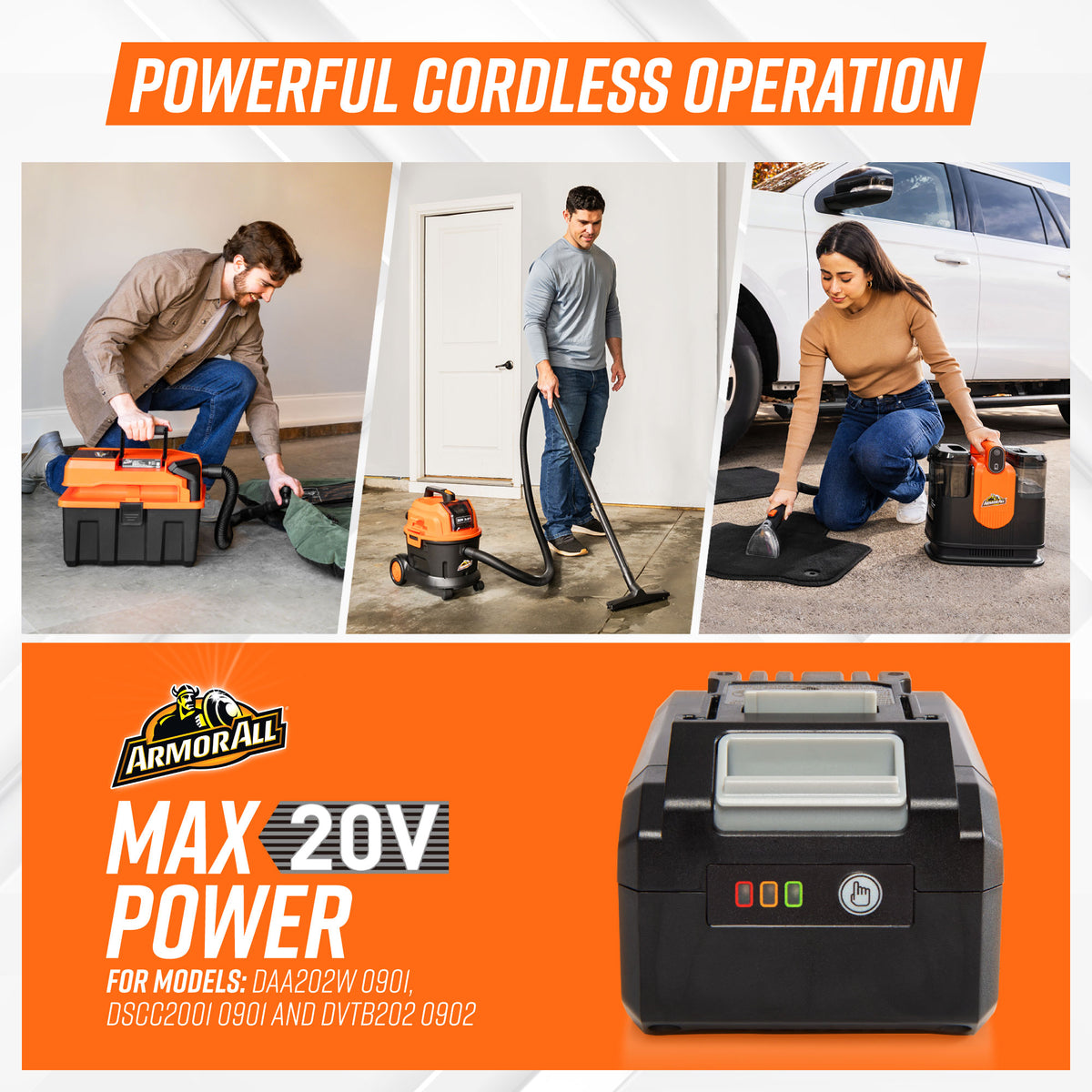 People using Armor All products in various settings like a garage and in a driveway cleaning car mats. Banner at the bottom that says Max 20V power with an image of a battery.