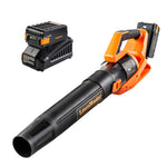 Black and orange leaf blower on white background, showing it includes a battery and charger