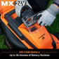 Orange lawn mower with 'MX 24V' branding and a person inserting a battery pack.