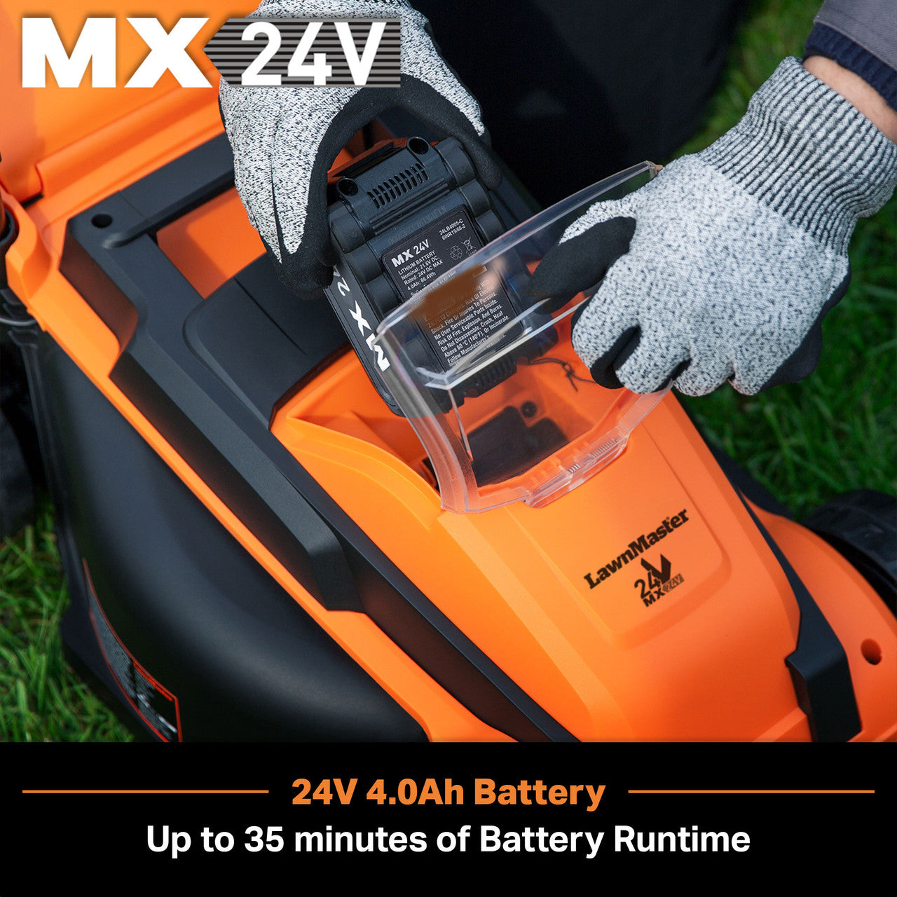 Orange lawn mower with 'MX 24V' branding and a person inserting a battery pack.
