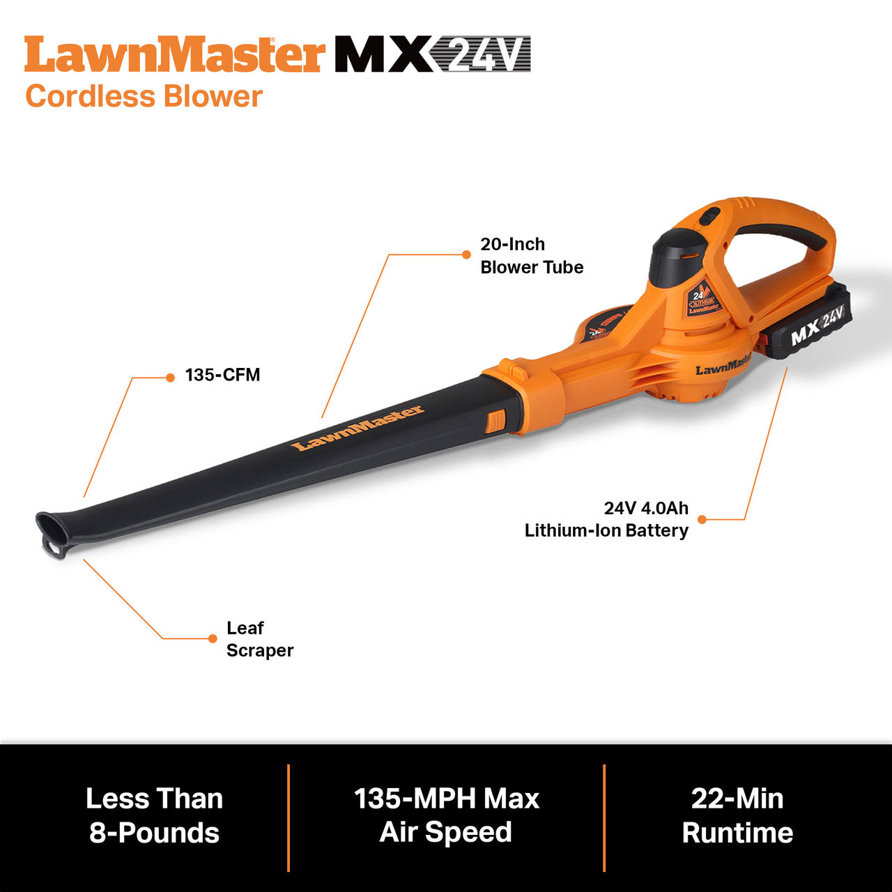 LawnMaster MX24V cordless leaf blower with features highlighted on a white background