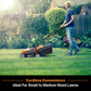 Man using a cordless lawn mower in a garden with text 'Cordless Convenience Ideal For Small to Medium Sized Lawns'.