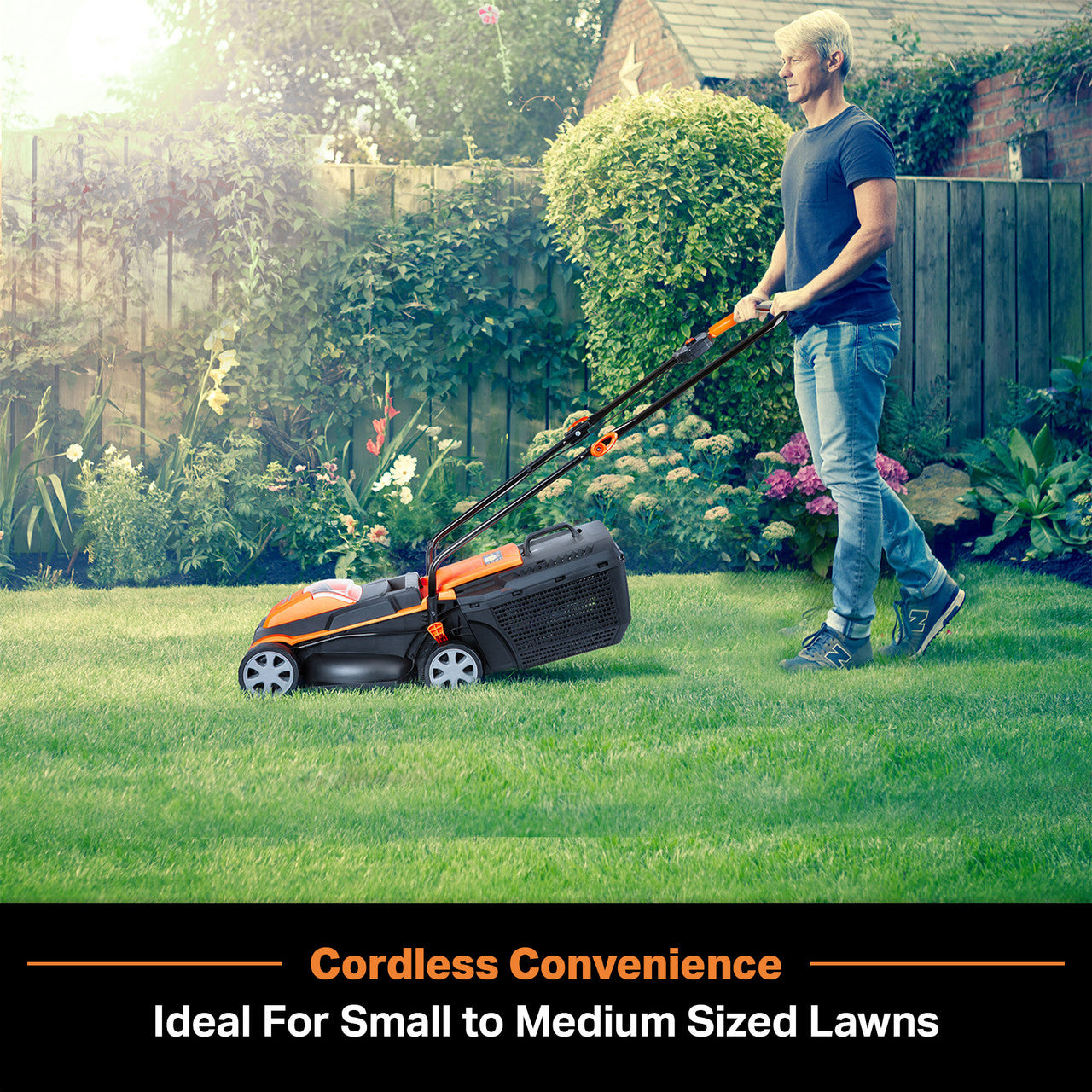 Man using a cordless lawn mower in a garden with text 'Cordless Convenience Ideal For Small to Medium Sized Lawns'.