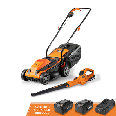 Orange and black lawn mower and leaf blower set on a white background with batteries and charger included.