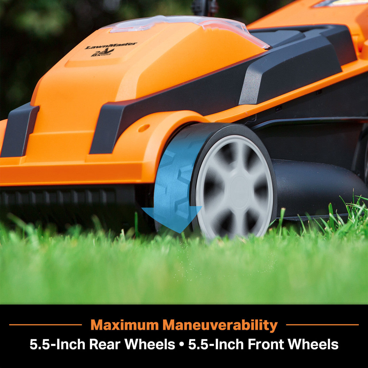 Orange and black lawn mower on grass with text highlighting maneuverability.