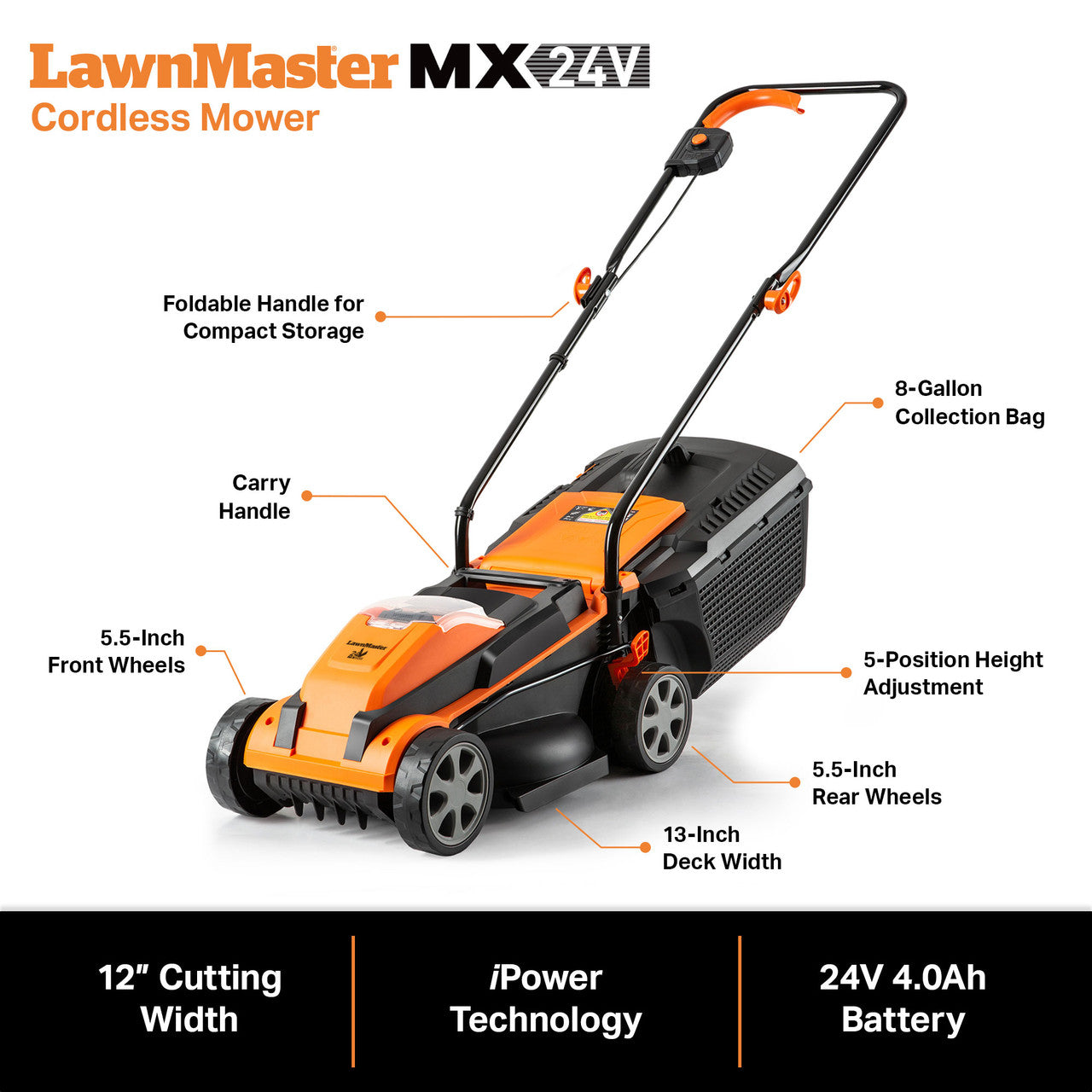 LawnMaster MX24V cordless mower with features highlighted on a white background