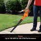 Person using an orange leaf blower on a sidewalk with grass and trees in the background