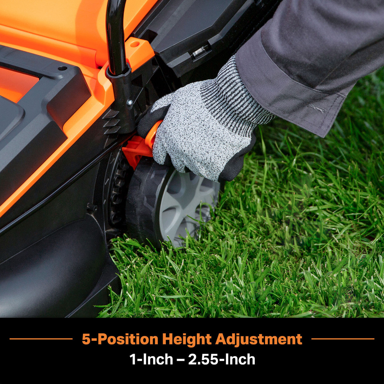 Person adjusting a lawn mower on grass with text about height adjustment.