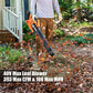 Person blowing leaves outside, text reads 40V max leaf blower, 393 max cfm and 108 max mph