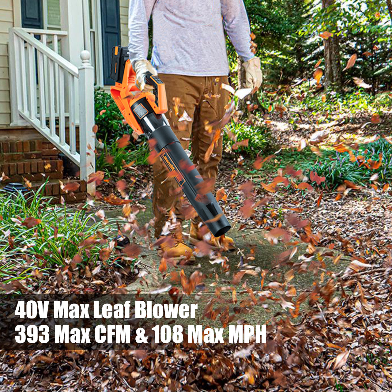 Person blowing leaves outside, text reads 40V max leaf blower, 393 max cfm and 108 max mph