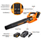 Image showing different aspects of leaf blower such as a battery indicator, air speed indicator, low speed button, on/off button, turbo speed button, high speed button