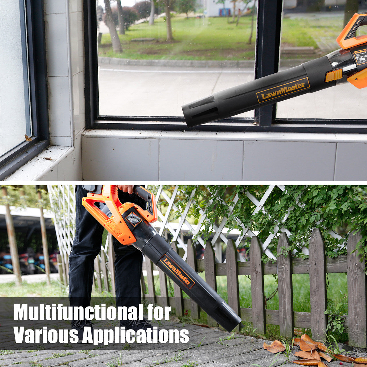 Two close up images of blower. One shows it blowing debris from a window sill, the other shows it blowing leaves from a wood desk. Text reads multifunctional for various applications.
