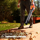 Close up of person blowing leaves from a wood deck, text reads 6.27 pounds, lightweight and portable.