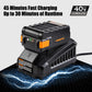 Close up of battery sitting on charger, 45 minutes fast charging, up to 30 minutes of runtime.