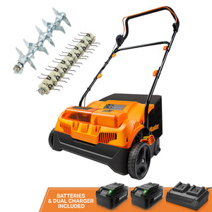 A cordless lawn mower shown on a white background with two included accessories: a metal mulcher attachment and a cylindrical brush cleaner attachment. Three black rechargeable batteries and a dual charger are also shown at the bottom, with text reading 'BATTERIES & DUAL CHARGER INCLUDED.