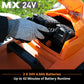 LawnMaster lawn mower with MX 24V branding and a gloved hand inserting a battery pack.