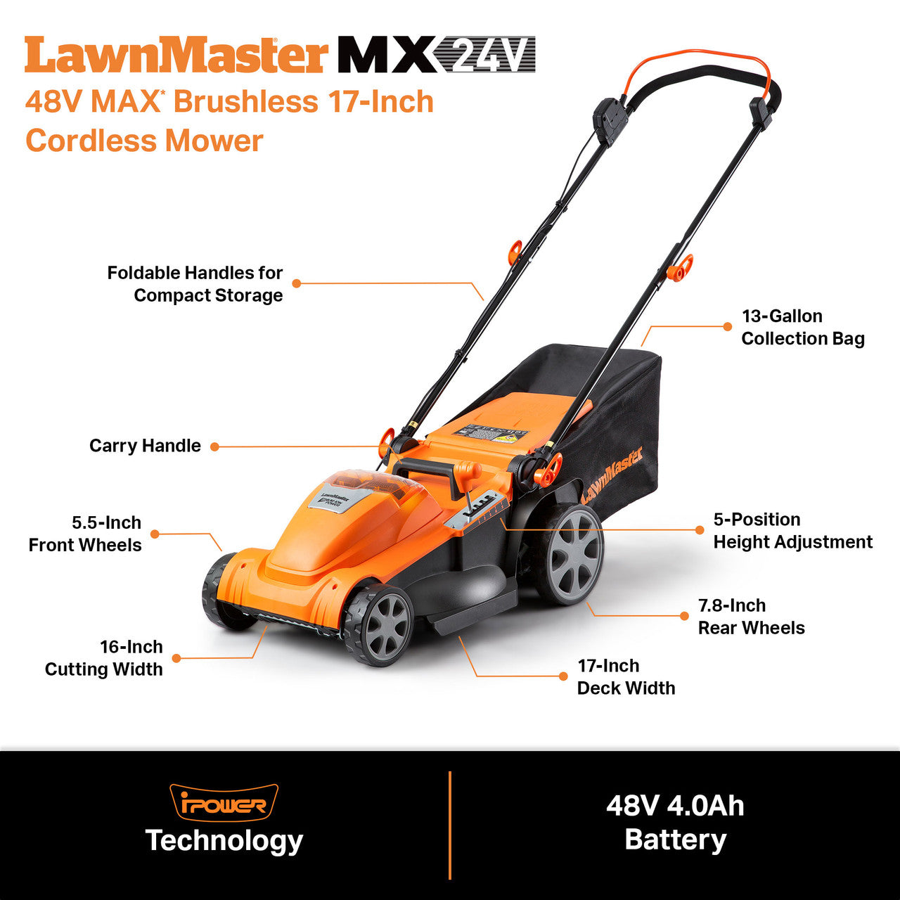 LawnMaster MX24V cordless mower with features highlighted on a white background