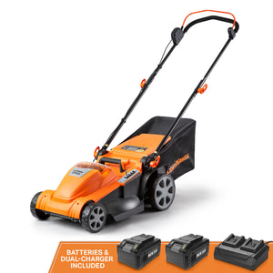 Orange and black lawn mower with batteries and dual charger on a white background