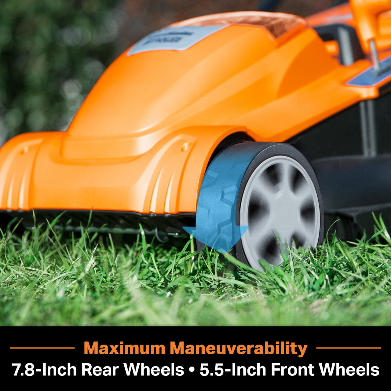 Orange lawn mower with 7.8-inch rear wheels and 5.5-inch front wheels on grass