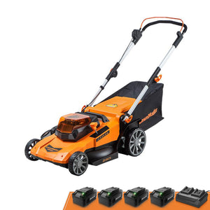 Orange and black lawn mower with attachments on a white background