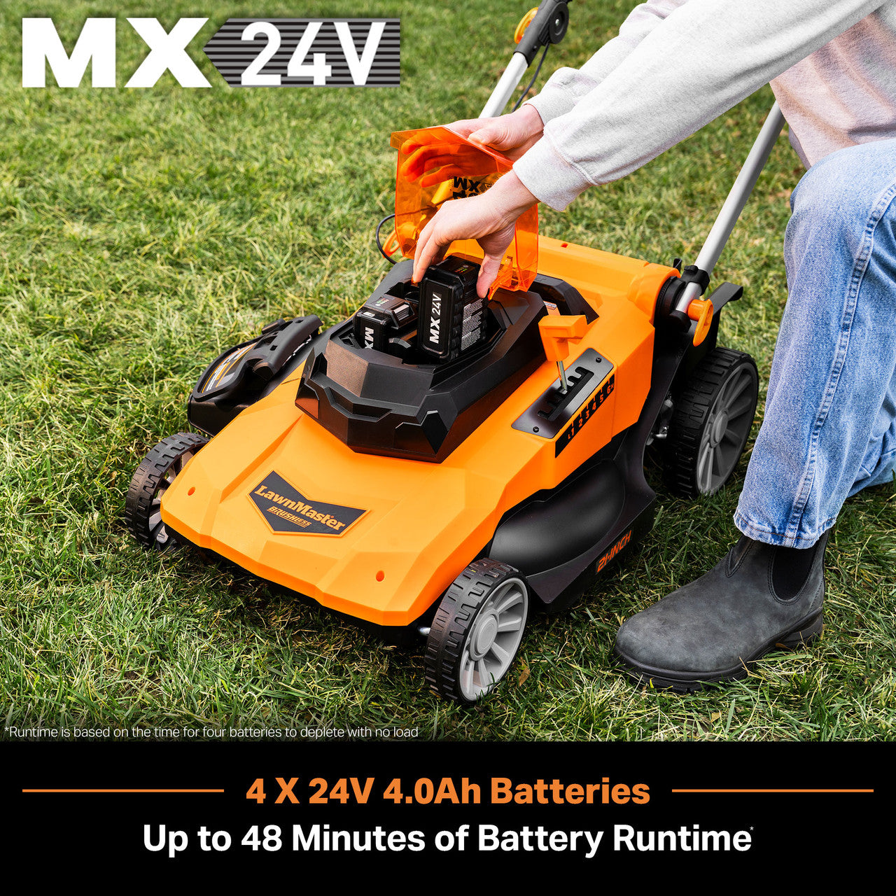 Orange lawn mower with 'MX 24V' branding on a grassy background, showing a person loading a battery.