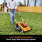 Person using a cordless lawn mower in a backyard with text highlighting features.