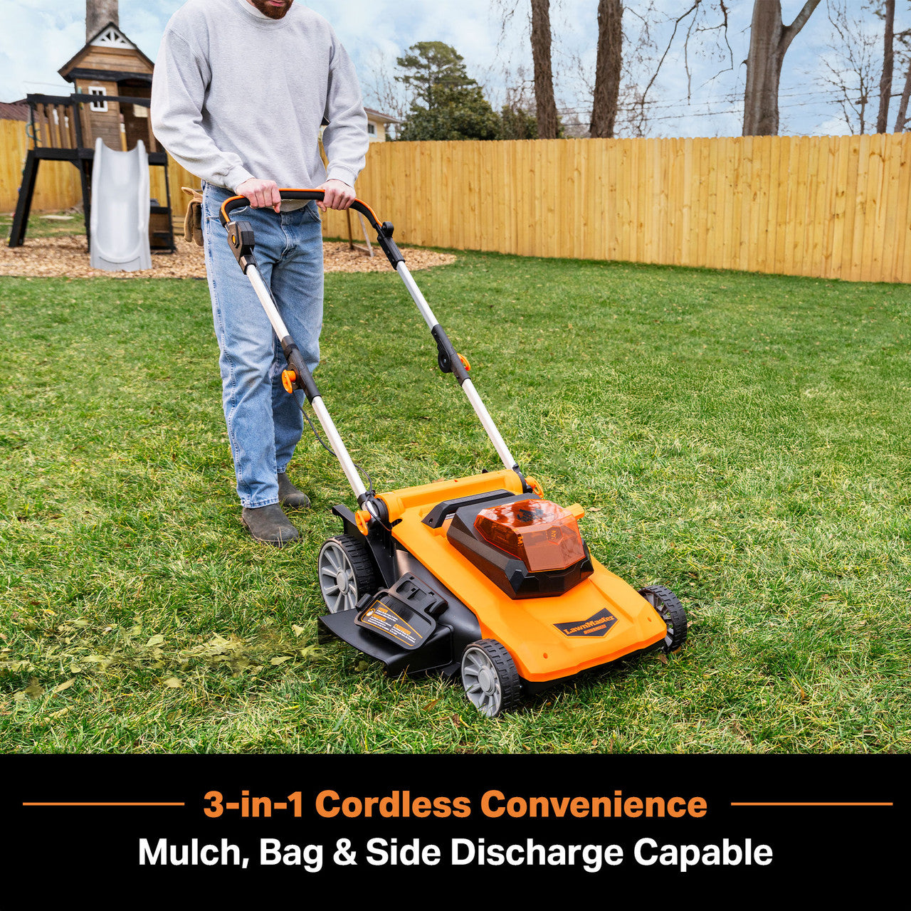 Person using a cordless lawn mower in a backyard with text highlighting features.