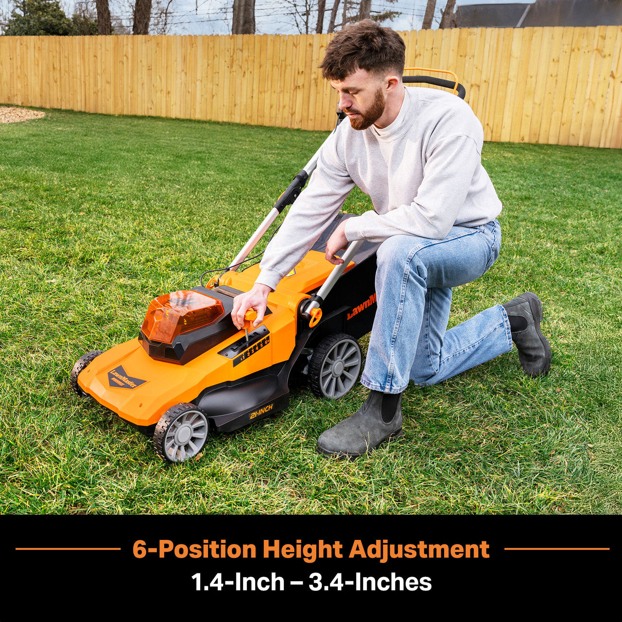 Man using a lawn mower with 6-position height adjustment feature on grass.