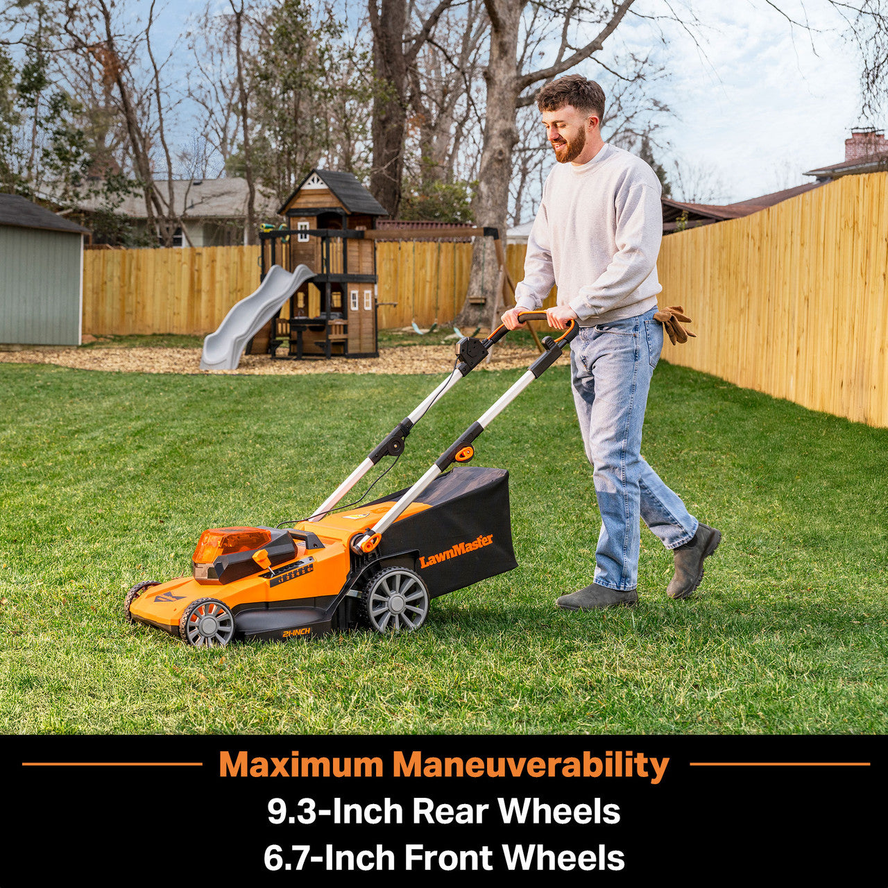 Man using a lawn mower in a backyard with text highlighting wheel sizes.