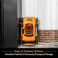 Orange foldable collapsed lawn mower against a door frame, text 'Easy to Transport & Store' and 'Handles Fold for Extremely Compact Design'.