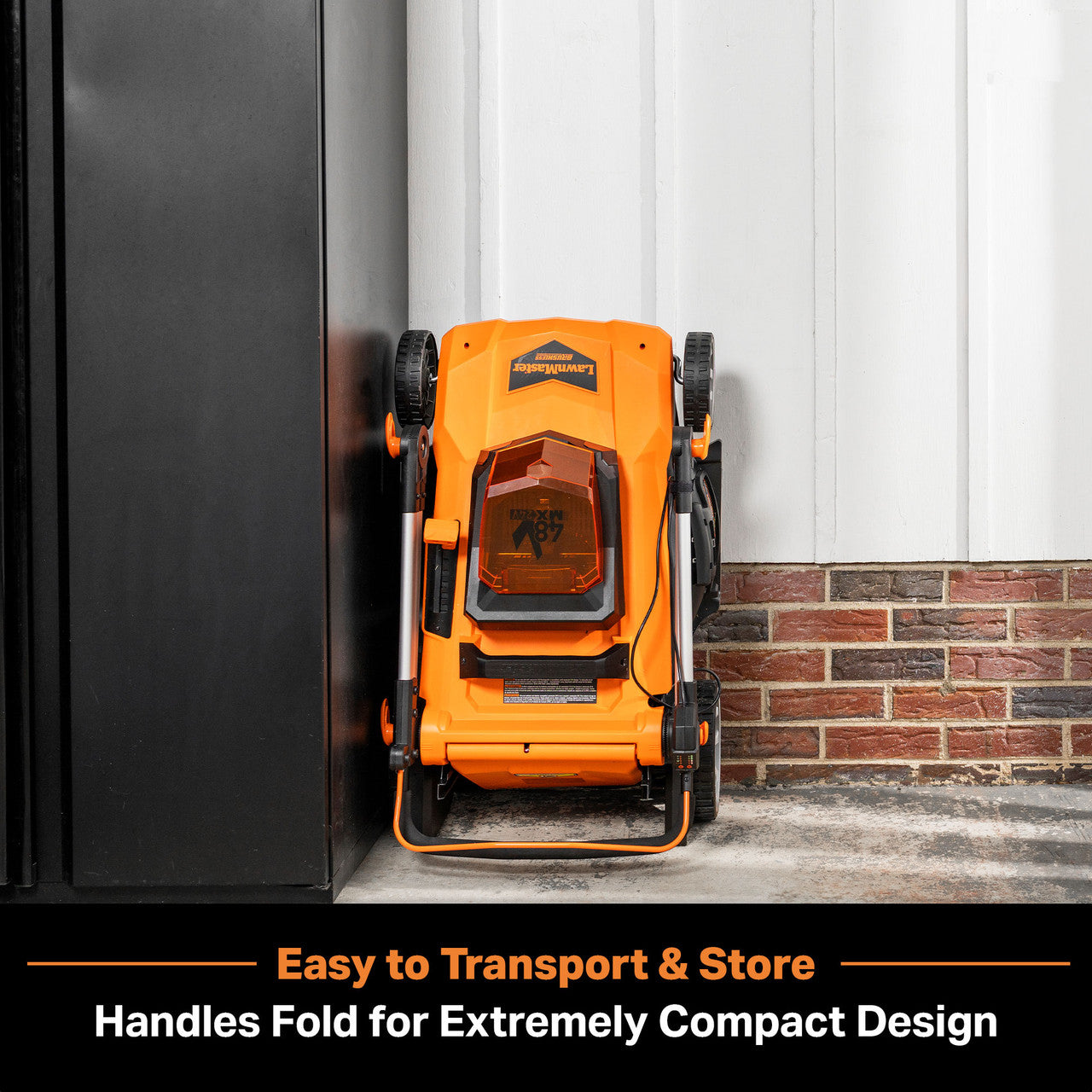 Orange foldable collapsed lawn mower against a door frame, text 'Easy to Transport & Store' and 'Handles Fold for Extremely Compact Design'.