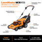 LawnMaster MX24V cordless mower with features highlighted on a white background