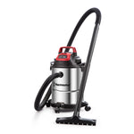 Vacmaster cordless wet/dry vacuum cleaner with a brushed stainless steel canister, black hose, and black floor nozzle, shown on a white background.