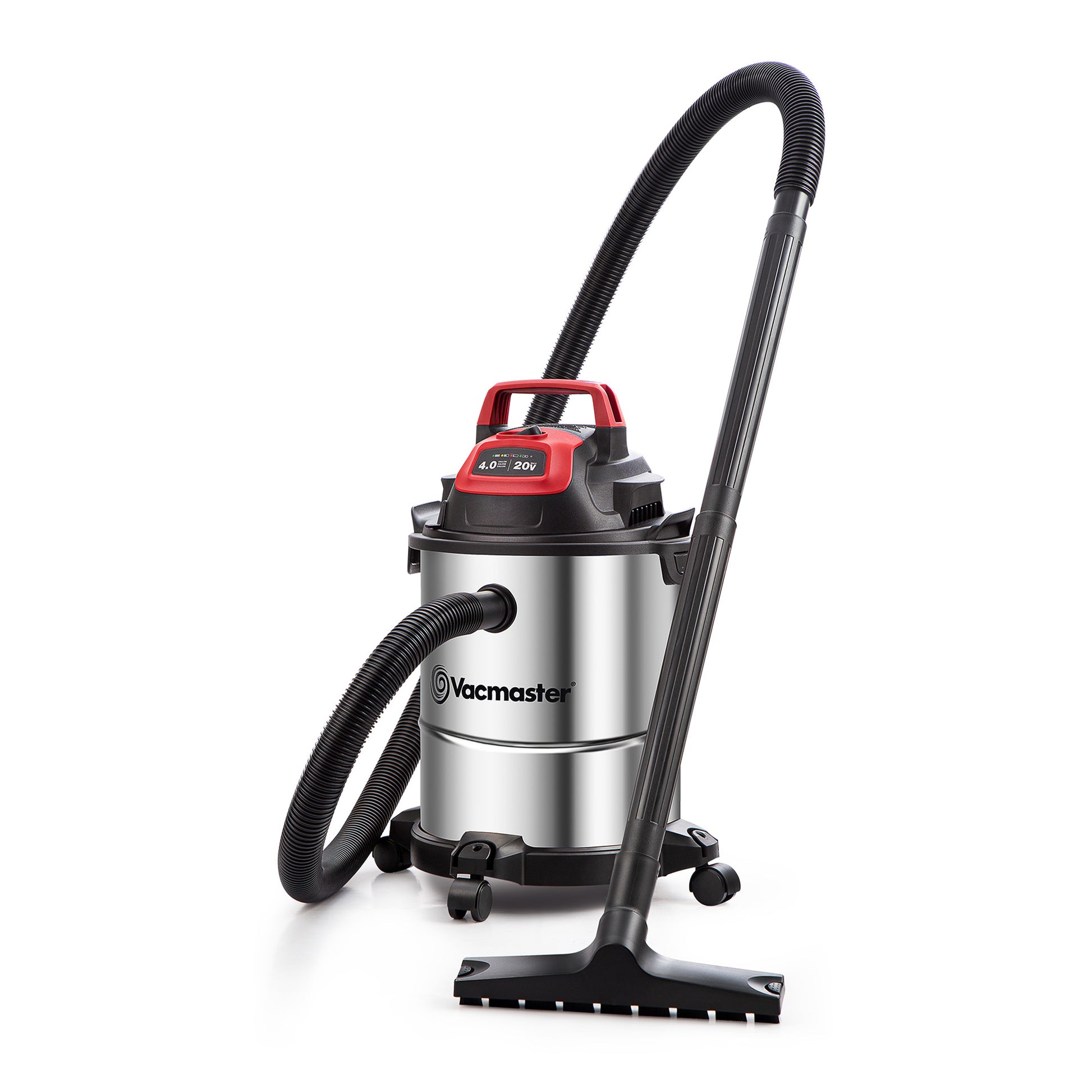 Vacmaster cordless wet/dry vacuum cleaner with a brushed stainless steel canister, black hose, and black floor nozzle, shown on a white background.