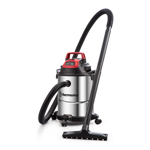 Vacmaster cordless wet/dry vacuum cleaner with a brushed stainless steel canister, black hose, and black floor nozzle, shown on a white background.