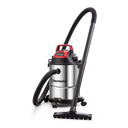 Vacmaster cordless wet/dry vacuum cleaner with a brushed stainless steel canister, black hose, and black floor nozzle, shown on a white background.