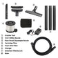 Vacuum attachment kit with numbered parts on a white background, including crevice tool, utility nozzles, floor brush, cartridge filter, foam wet filter, charger, extension wands, and hose, with a matching numbered label list at the bottom left.