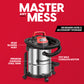 Vacmaster cordless wet/dry vacuum cleaner with a stainless steel tank, black hose, and red top handle, shown on a red background with callout labels and large 'MASTER ANY MESS' text.