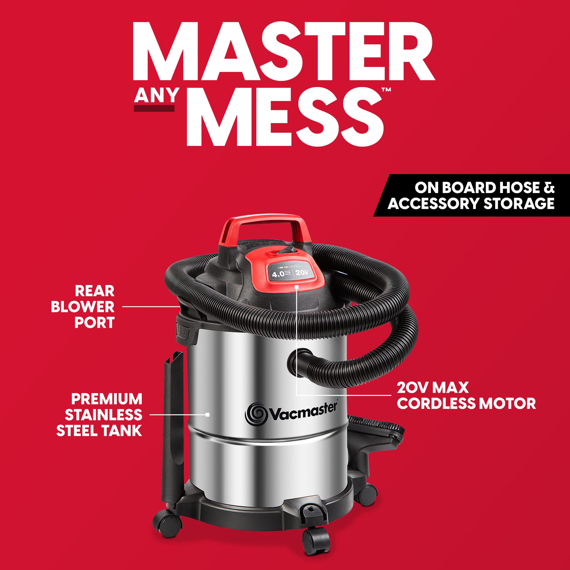 Vacmaster cordless wet/dry vacuum cleaner with a stainless steel tank, black hose, and red top handle, shown on a red background with callout labels and large 'MASTER ANY MESS' text.