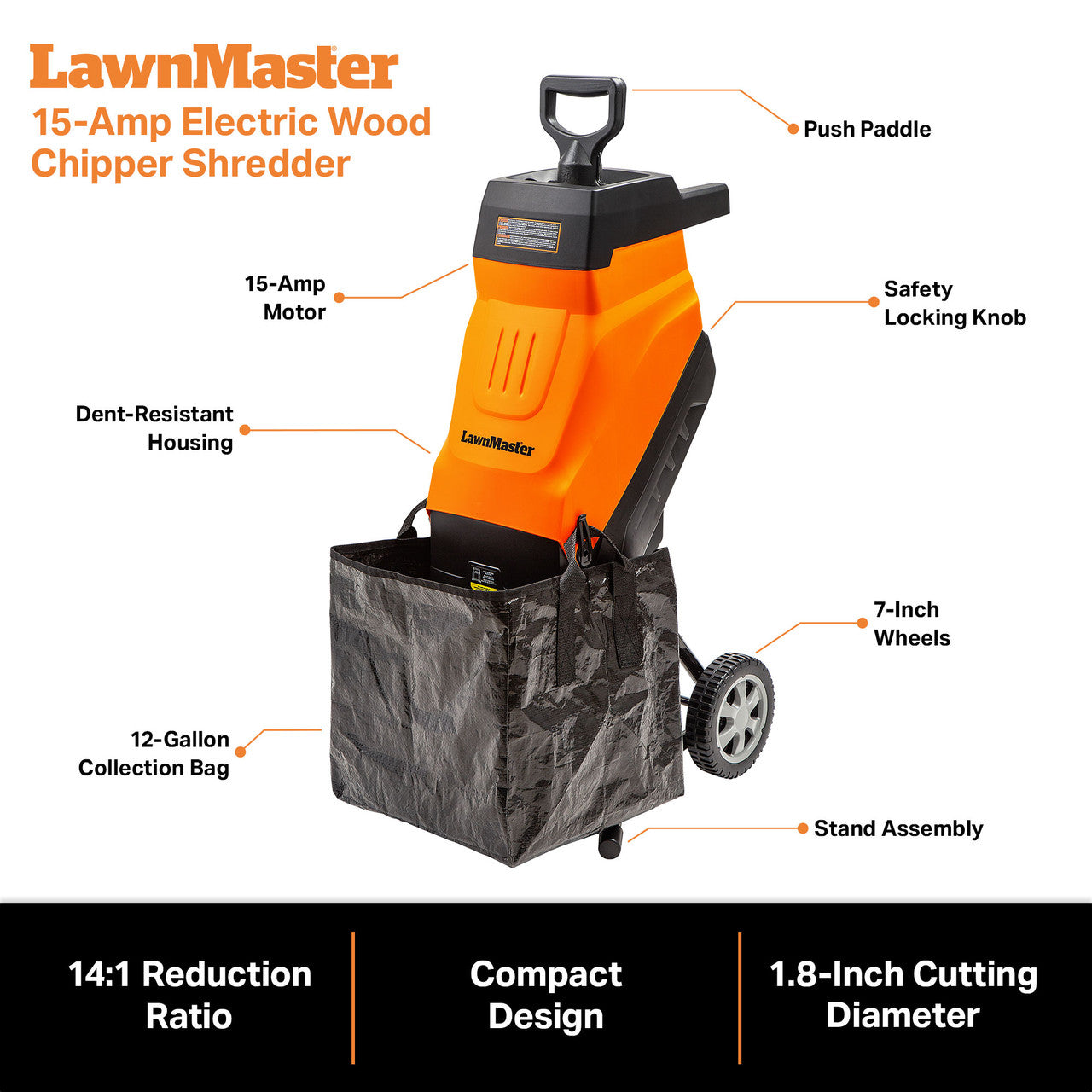 LawnMaster 15-Amp Electric Wood Chipper Shredder with features highlighted on a white background