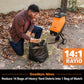 Person using a leaf mulcher to reduce yard debris into a bag with a visible 14:1 ratio text.