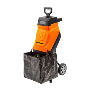 Orange and black wood chipper with a bag on a white background