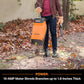 Person using a wood chipper in a garden with text highlighting power and shredding capacity.