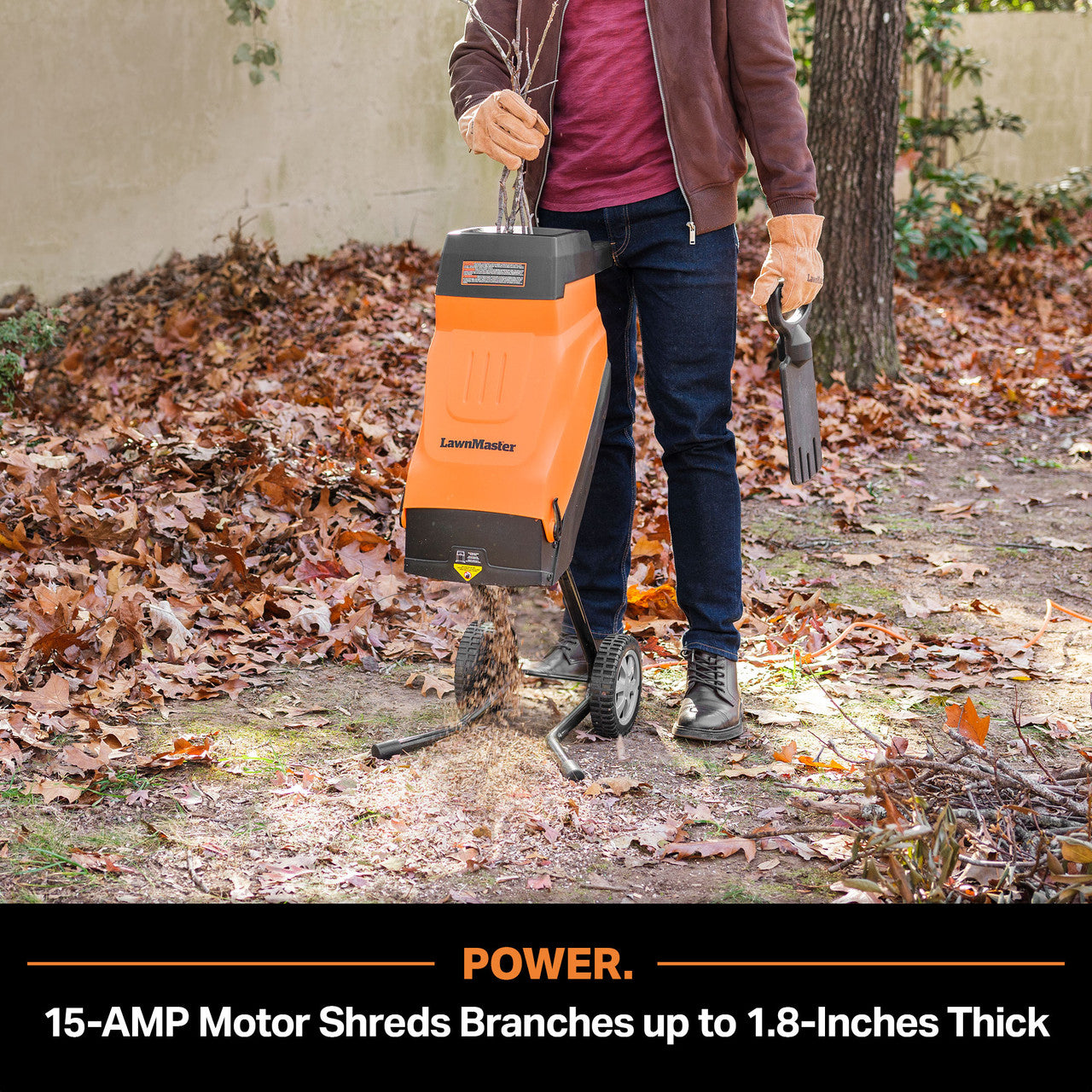 Person using a wood chipper in a garden with text highlighting power and shredding capacity.