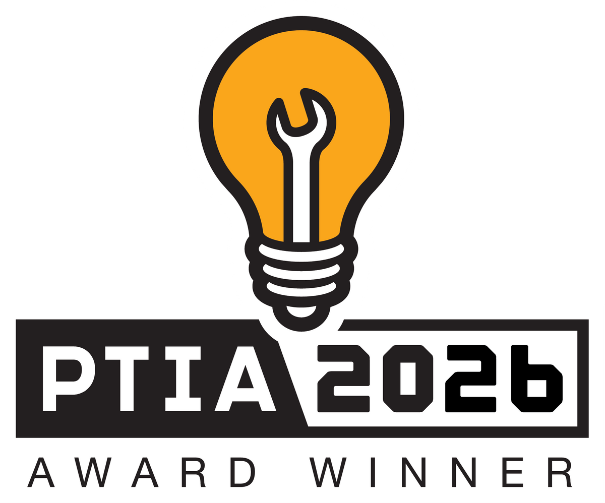 Award winner graphic featuring a yellow-orange light bulb with a wrench inside, above a black banner reading PTIA 2026 AWARD WINNER on a white background.
