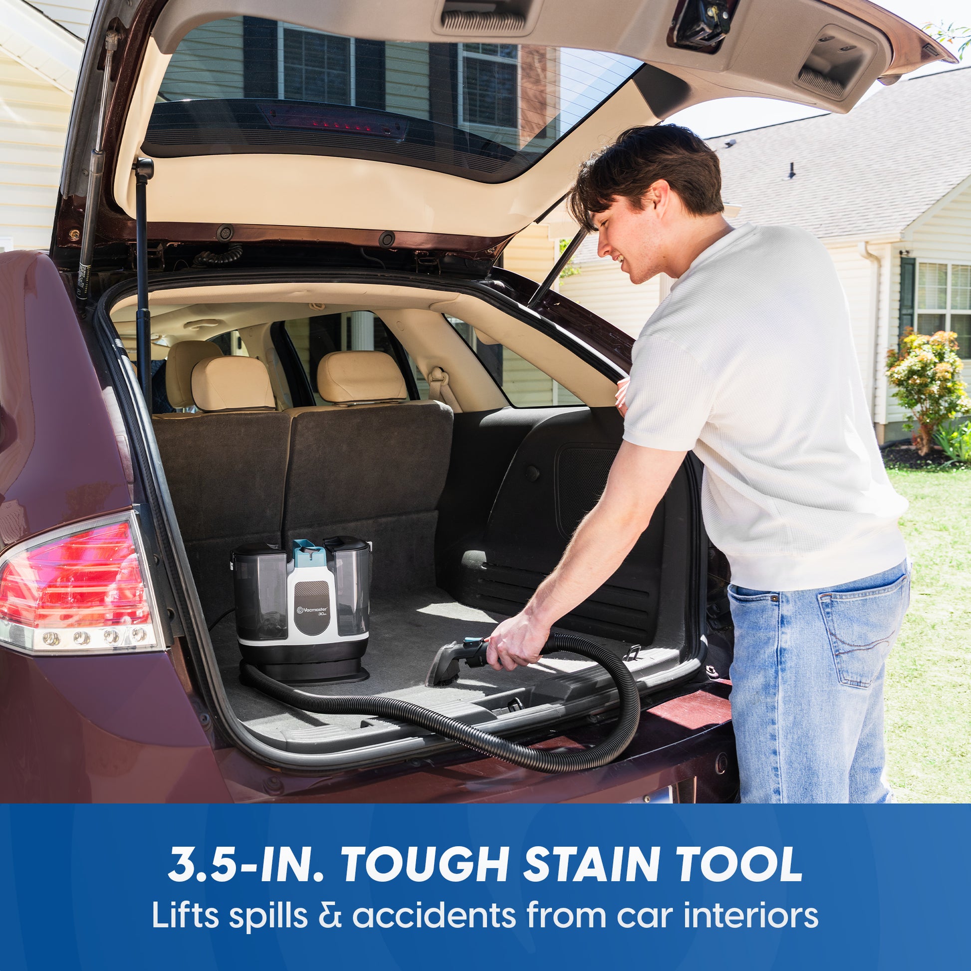 A man in a white t-shirt and jeans is shown using a black 3.5-inch car interior stain tool inside the open trunk of a maroon sedan, with a blue banner at the bottom reading '3.