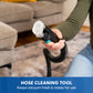 A person in an olive green long-sleeve shirt holds a handheld hose cleaning tool with a clear filter and black hose attachment in a living room setting. A blue banner at the bottom reads 'HOSE CLEANING TOOL Keeps vacuum fresh & ready for use'.
