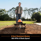 Person using a tiller in a garden with text about rust-resistant blades and RPM speed.