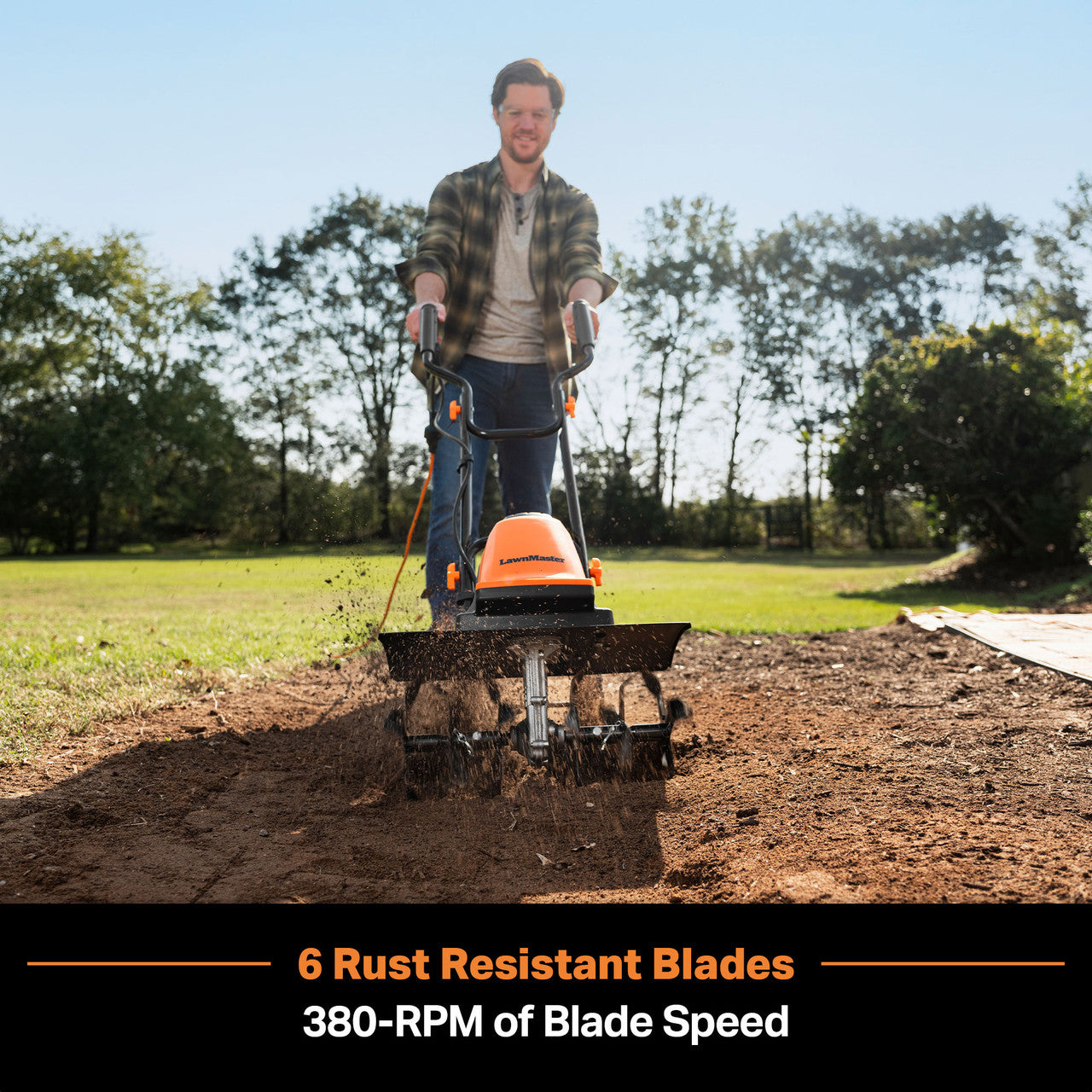 Person using a tiller in a garden with text about rust-resistant blades and RPM speed.