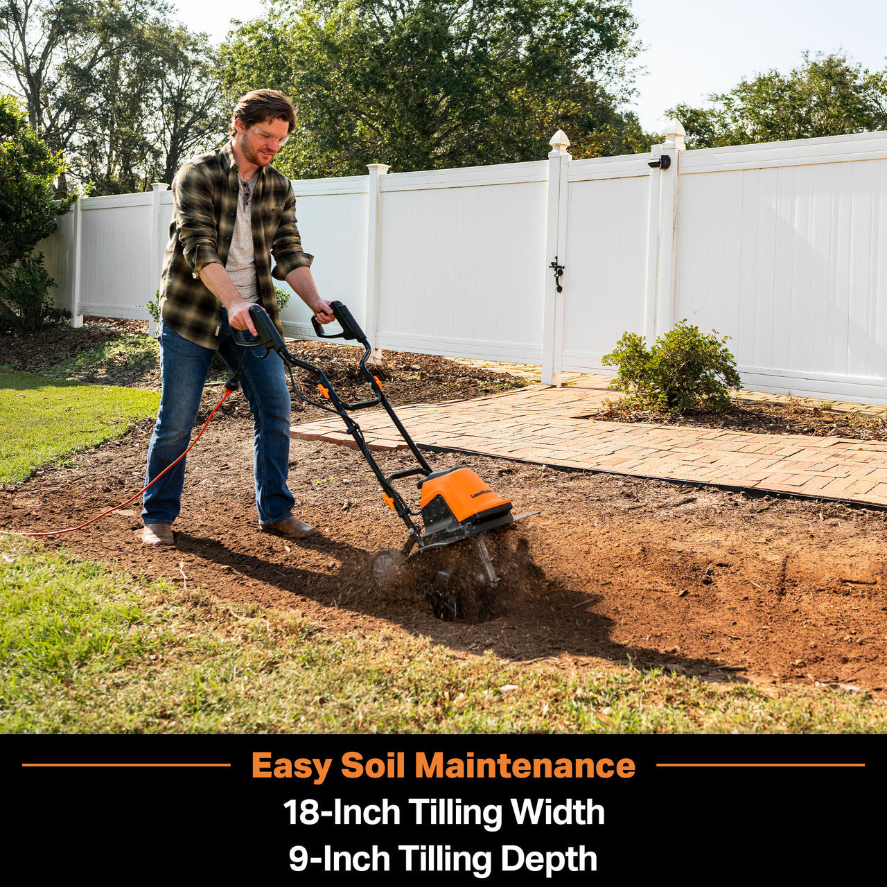 Person using a tiller to prepare soil in a garden with text about soil maintenance features.